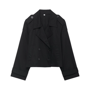 Short double-breasted black trench coat for women with classic epaulets and notched lapels