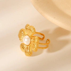 French style 18K gold stainless steel flower ring with white pearl and brushed metal texture