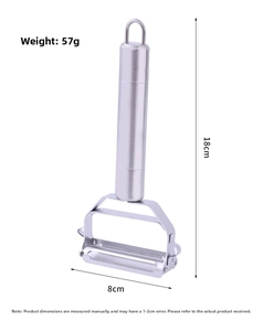 Macro shot showing 18cm length and 8cm width of stainless steel dual-head peeler
