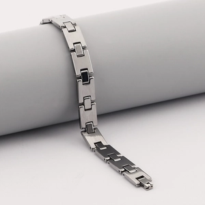 Close-up of matte brushed silver tungsten steel bracelet with a watch strap chain design