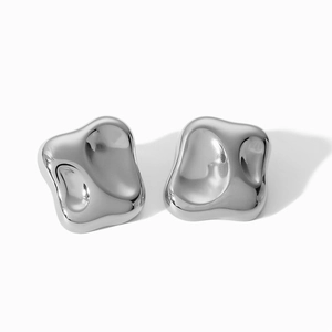 Modern hammered irregular square stud earrings in polished silver stainless steel