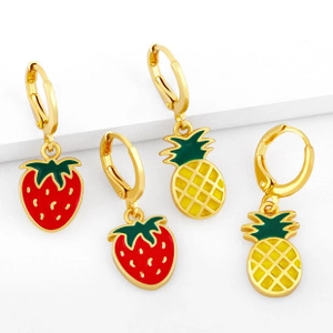 Detail of 18K gold plated strawberry and pineapple enamel hoop earrings with vibrant colors