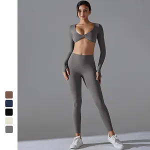 Damen Sportbekleidung Oberteil Und Unterteil Langarm Twist Vorne Crop Top Hohe Taille Yoga Leggings Einfarbig Feuchtigkeitstransportierend Schlanke Passform Workout-Anzüge