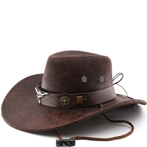 Western Cowboy Hat Retro Distressed Faux Leather Bull Head Metal Ornament Wide Brim Adjustable Wind Rope Unisex Outdoor