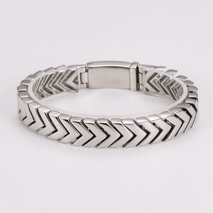 Polished silver stainless steel snake bone chain bracelet with V-shaped links and box clasp