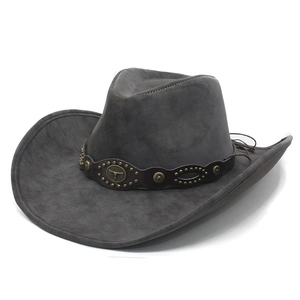 Classic grey wide brim western cowboy hat with faux suede finish and bull metal emblem