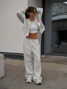 Women Streetwear Zip Up Hoodie And High Waist Wide Leg Pants With Ribbed Crop Top 100% Cotton Athletic Embroidery Outfit