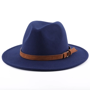 Classic navy blue wool fedora hat with wide brim and brown leather band detail