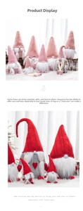 Close-up of plush Christmas gnome ornaments with knit details and faux fur beards