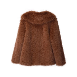 Detailed back view of a plush brown faux fur coat featuring a soft long-pile texture