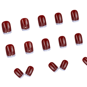 Deep red square oval press-on nails with silver French tips and glossy finish set