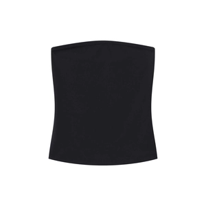 Detail view of black strapless tube top with elastic stretch knit fabric on white background