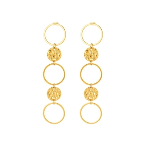French vintage style gold titanium steel long drop earrings with hammered round discs