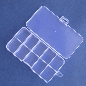 Close-up of a 10-compartment transparent PP plastic storage box with secure snap-lock lids