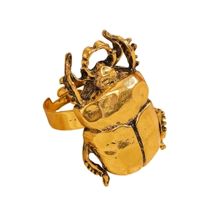 Dettaglio macro dell'anello a scarabeo dorato con trama vintage incisa e particolari