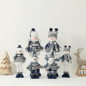 Blue and white plush Christmas dolls set featuring snowman, bear, and reindeer decor