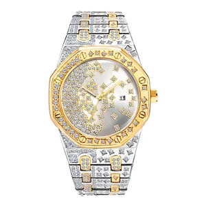 Luxury octagonal men watch with iced-out diamonds and two-tone gold stainless steel band