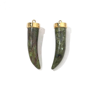 Polished stainless steel horn pendants with natural green and brown stone inlays