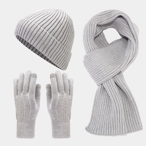 Detail of light grey winter knit set featuring touch-screen gloves and ribbed texture