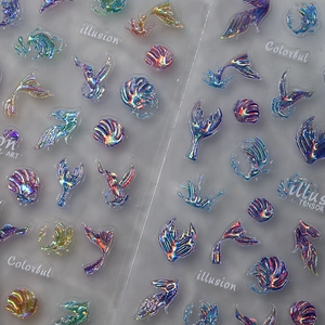Holographic 3D embossed nail art stickers with laser shell and mermaid tail designs