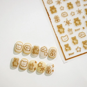 3D Cartoon Bear PET Nail Art Stickers Gold Foil Embossed Self Adhesive Manicure Decals For Women DIY Nails Decoration