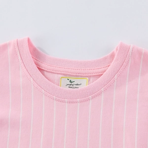 Pink and white striped cotton summer dress for girls with soft ribbed crew neck