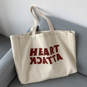 Canvas Tote Bag Heart Attack Letter Print Large Capacity Shoulder Bag Casual Versatile Shopping Handbag With Inner Pocket