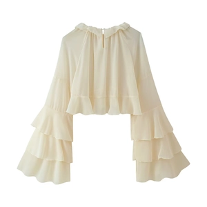 Camicetta in chiffon bianco crema da donna con volant e maniche a campana a strati