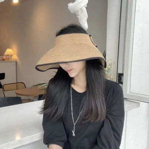 Detail of wide brim straw sun hat with black contrast piping and woven texture