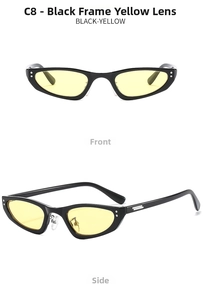 Front and side view of narrow cat eye sunglasses with black frames and yellow lenses
