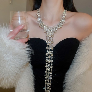 Close-up of sparkling Y-shaped tassel necklace with silver rhinestones on elegant model