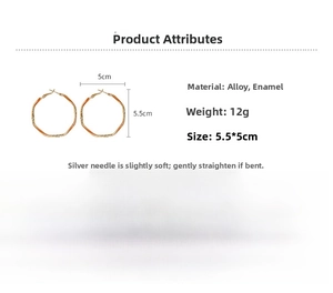 Detail specifications of golden geometric hoop earrings made of alloy and drip oil