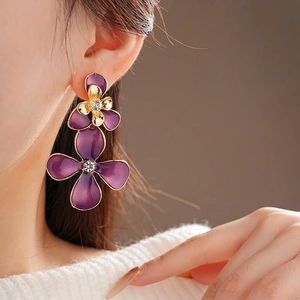 Elegant purple double-layer flower earrings with gold edges and zircon center for women