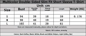 Detailed size chart for slim fit crew neck cotton t-shirt in various colors and sizes