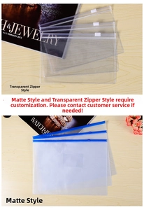 Detail view of clear and frosted PVC slider bags for stationery or jewelry packaging