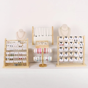 Solid Wood Jewelry Display Stand Earring Rack Necklace Holder Bracelet Organizer Ring Tray Desktop Rack