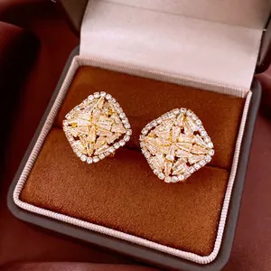 Elegant Geometric Square Zircon Stud Earrings With Silver Earring Post Luxury Copper Jewelry For Women