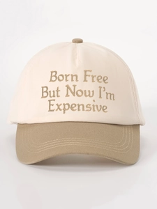 Detail shot of Born Free embroidery and contrast brim on the baseball cap