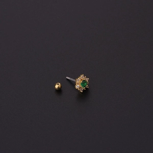 Gold stainless steel cartilage stud with green zircon center and screw ball back