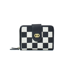 Women's vintage checkerboard canvas folding wallet with golden double ring buckle