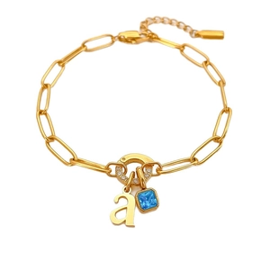 14K vergulde roestvrijstalen schakelarmband met letter 'a' hanger en blauwe edelsteen