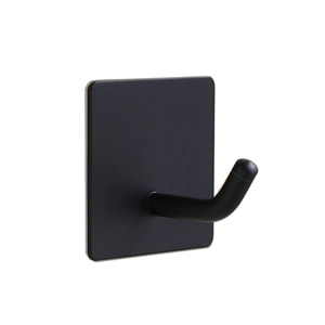 Matte black stainless steel adhesive wall hook with square base in a 45-degree side view