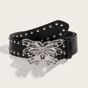 Black punk leather belt featuring silver butterfly buckle and double row round rivets