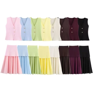 Women Polyester Knit Vest And Pleated Skirt Elegant V-Neck Gold Button Sleeveless Casual Outfit