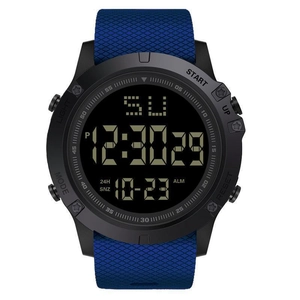 Detail of digital sports watch dial showing time, date and textured blue silicone strap