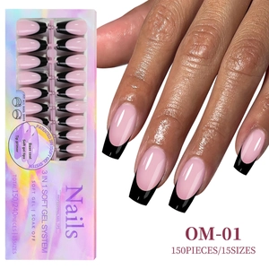 Detail of 3-in-1 soft gel system french press-on nails in pink and black finish