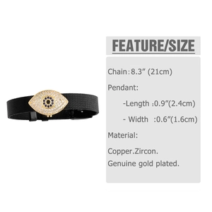 Detail showing 21cm black mesh strap evil eye bracelet with 2.4cm x 1.6cm gold pendant