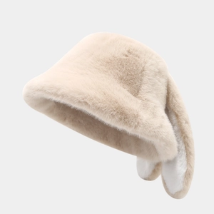 Cute bunny ear plush bucket hat in beige faux fur for winter outdoor warmth and style