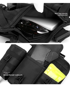 Detail view of large main pocket and multi-layer front compartments for tactical bag