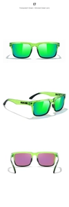 Three-angle view of transparent green square polarized sunglasses with mirror lenses